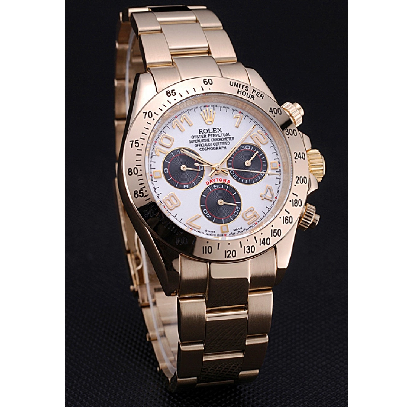 Good copy rolex watches 622548 Daytona Gold Subdials White Rolex with Black Bracelet Cosmograph 0610